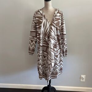 Brittany Black size XL hooded shrug in cream and tan colors.
